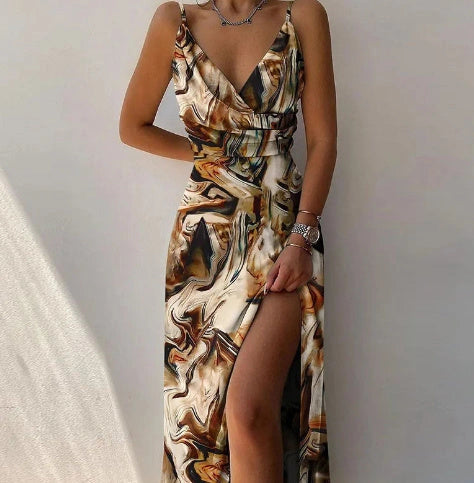 V-neck Slip Dress with Floral Print and Side Slit