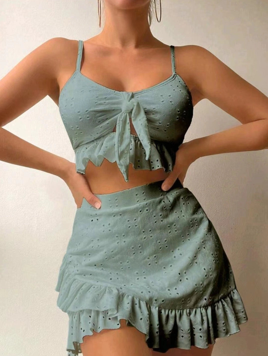 3-piece Beach Bikini Set with Hip-hugging Skirt and Ruffle Design