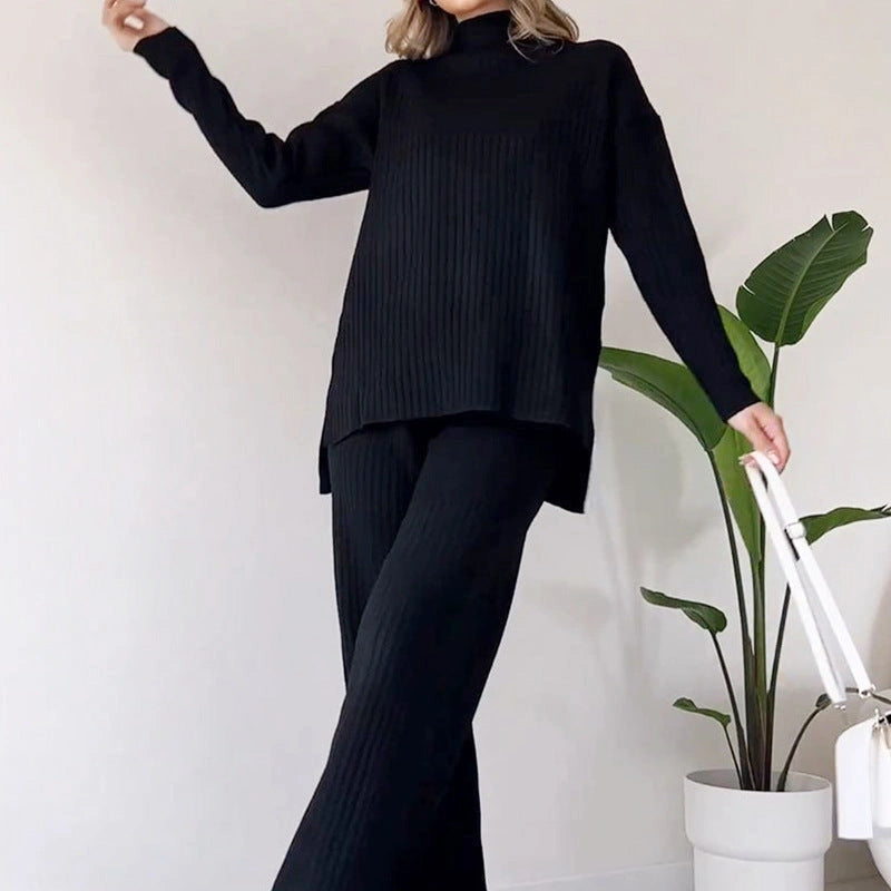 Turtleneck Knitted Suit with Loose Split Design and Straight Trousers for Women