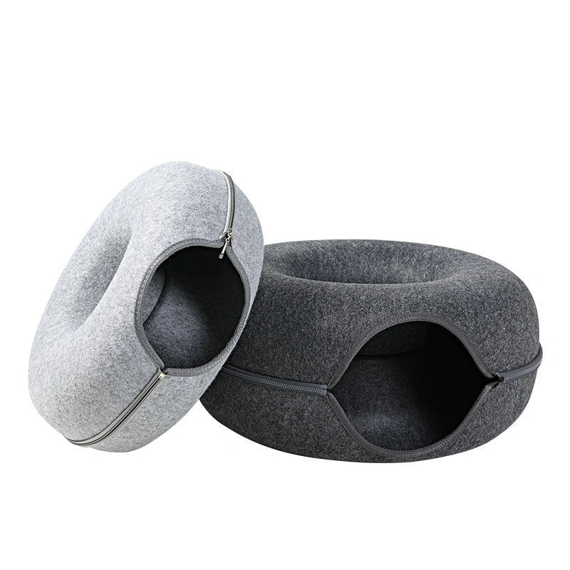 Round Woolen Felt Cat Nest with Dual-use Tunnel for Interactive Play