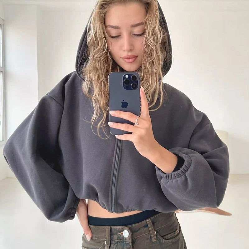 Slim-fit Y2K Zip-up Hooded Cardigan in Cotton Blend
