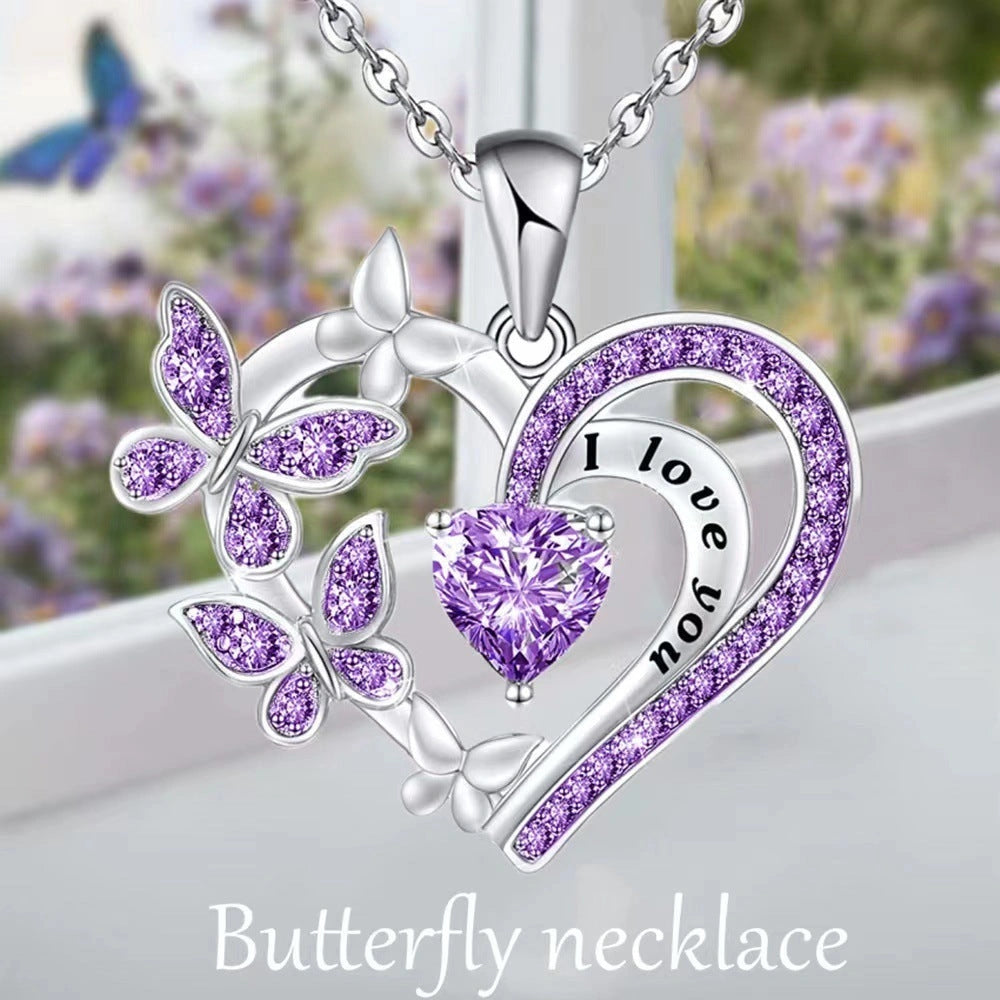 Butterfly Love Necklace with Rhinestones and Hollow Heart-shaped Pendant