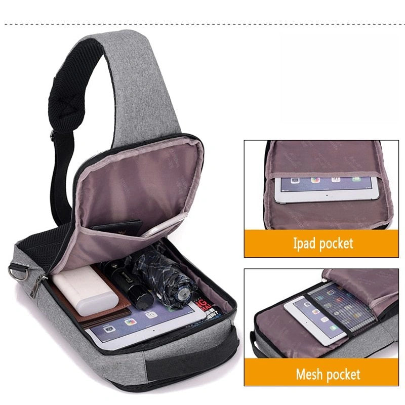Anti-theft USB charging chest bag in polyester with zipper opening