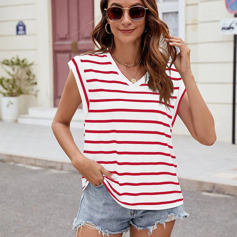 V-neck Short-sleeved T-shirt with Stripe Print for Summer