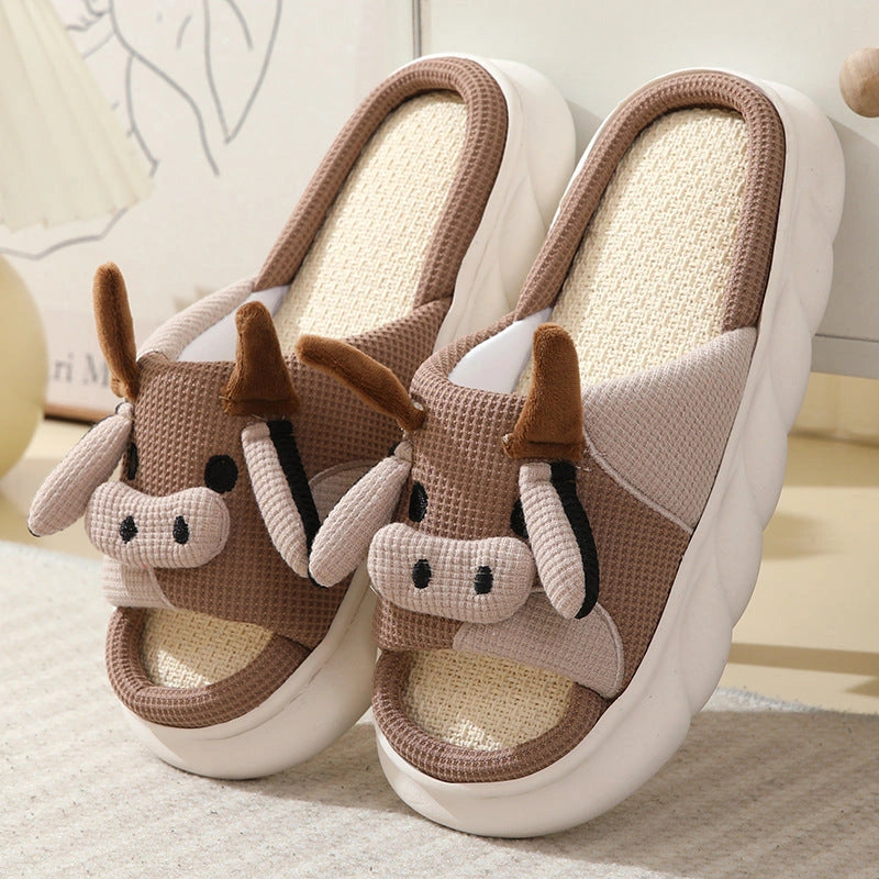 Cartoon Cow Frog Linen Slippers with Non-slip PVC Sole