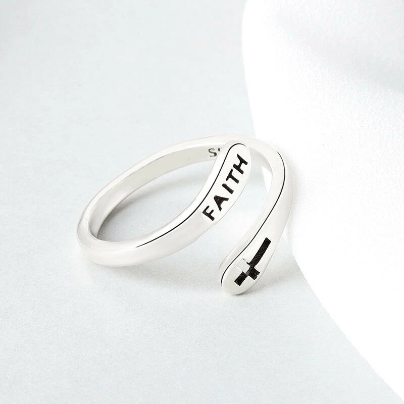 Adjustable Vintage Faith Letters Cross Ring in Sterling Silver