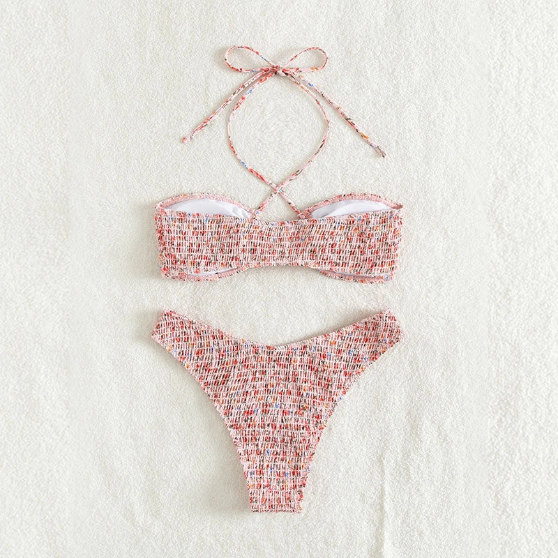 Summer Flowers Print Pleated Bikini Set with Halter Neck