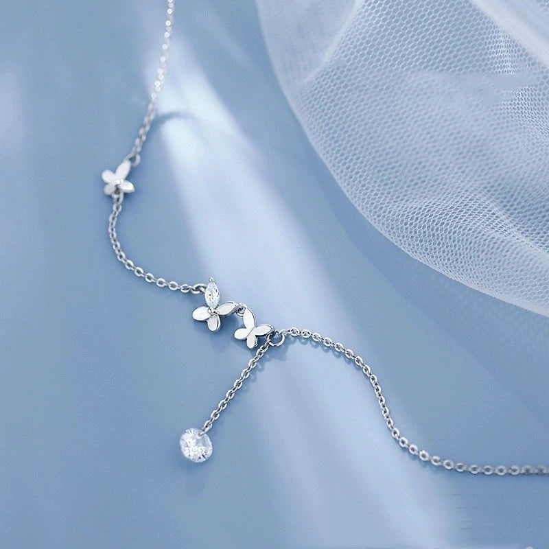 S925 Sterling Silver Butterfly Zircon Anklet with Flower Tassel