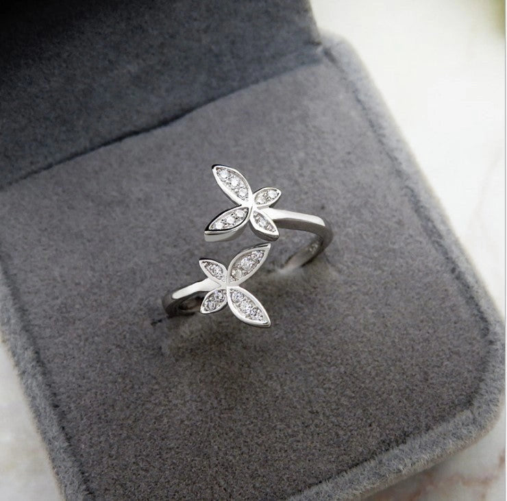 Sterling Silver Adjustable Butterfly Ring with Gem Accents