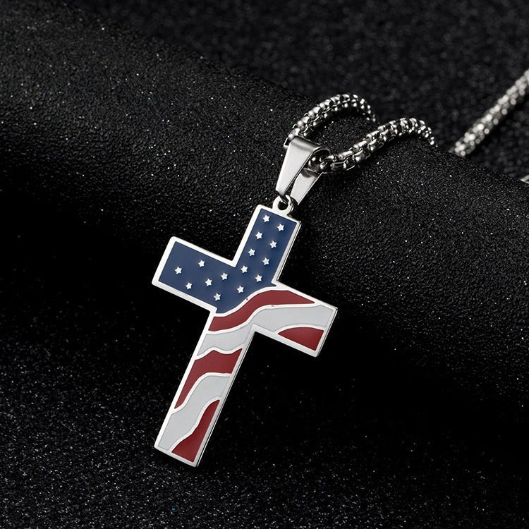 Stainless Steel Flag Cross Necklace for Men