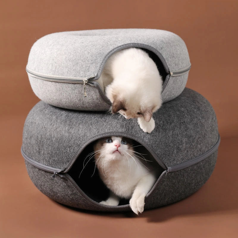 Round Woolen Felt Cat Nest with Dual-use Tunnel for Interactive Play