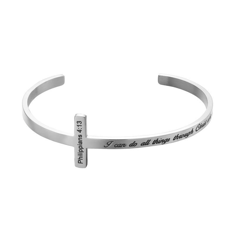Titanium steel bracelet with scripture cross lettering
