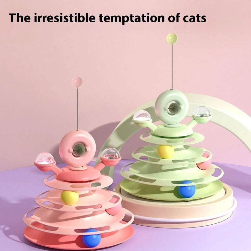 Interactive 4-Level Cat Toy Tower with Turntable and Roller Balls