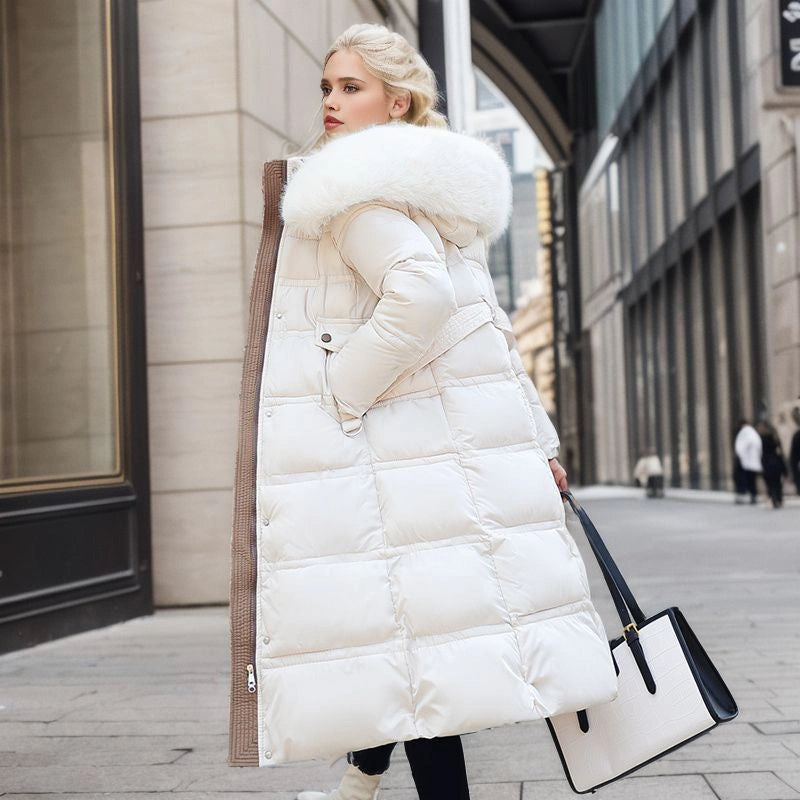 Stylish Women's Winter Coat with Fur Hood and Belt