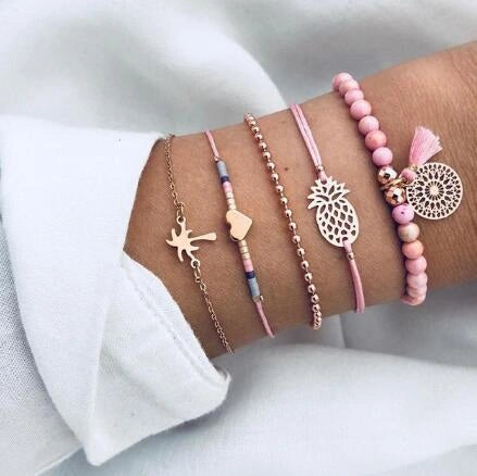 Bead Chain Bracelet Set with Star and Moon Design