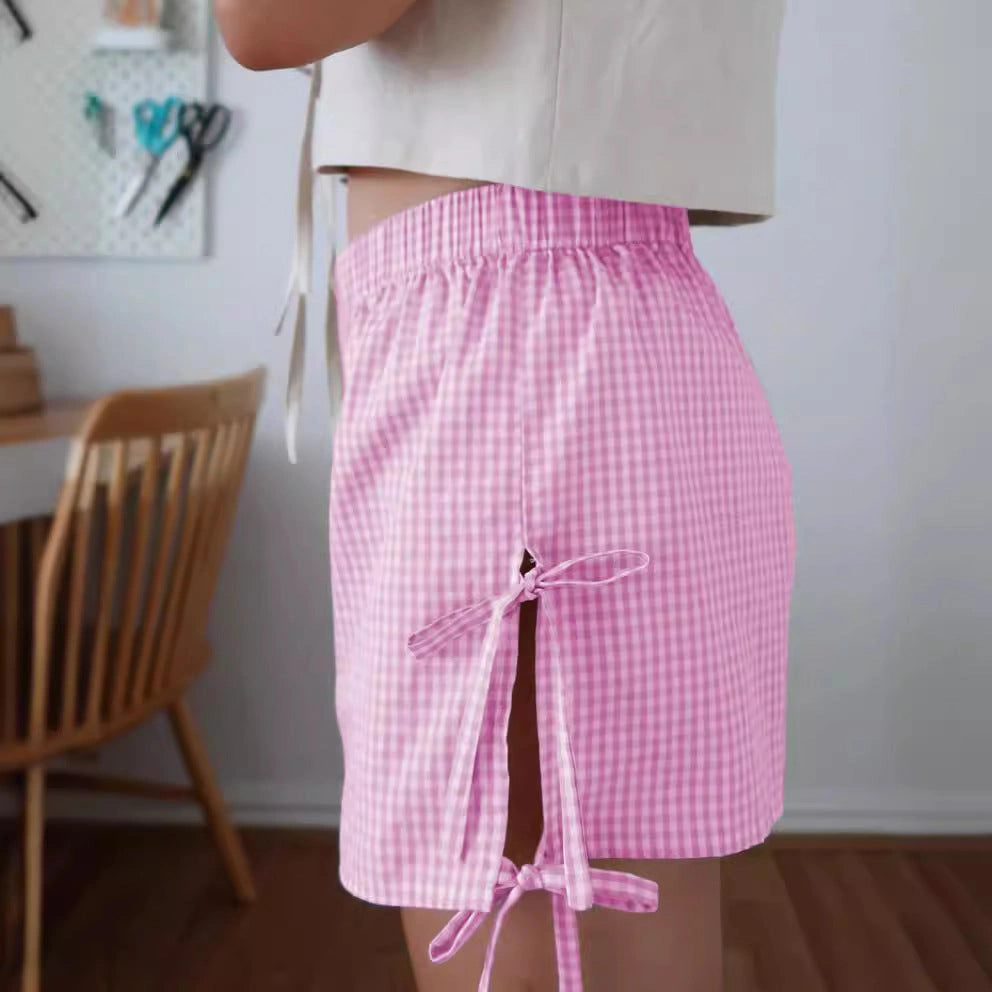Stylish Loose Plaid Shorts with Lace-up Design for Women