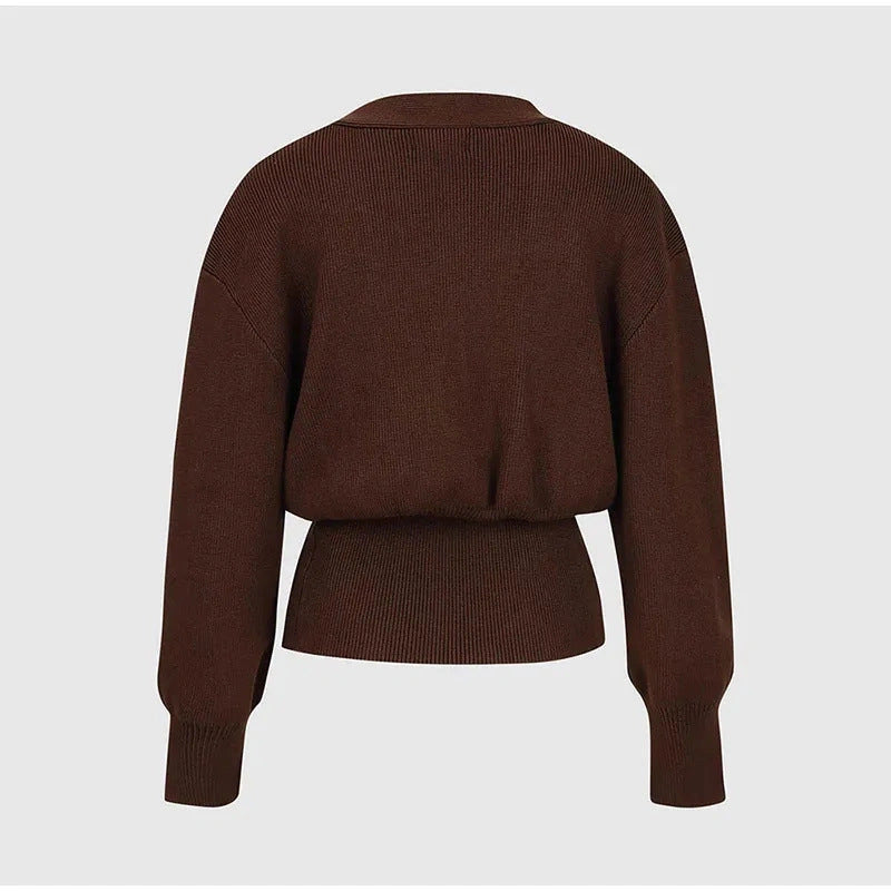 V-neck Button Cardigan Knitted Sweater in Brown and Black for Women