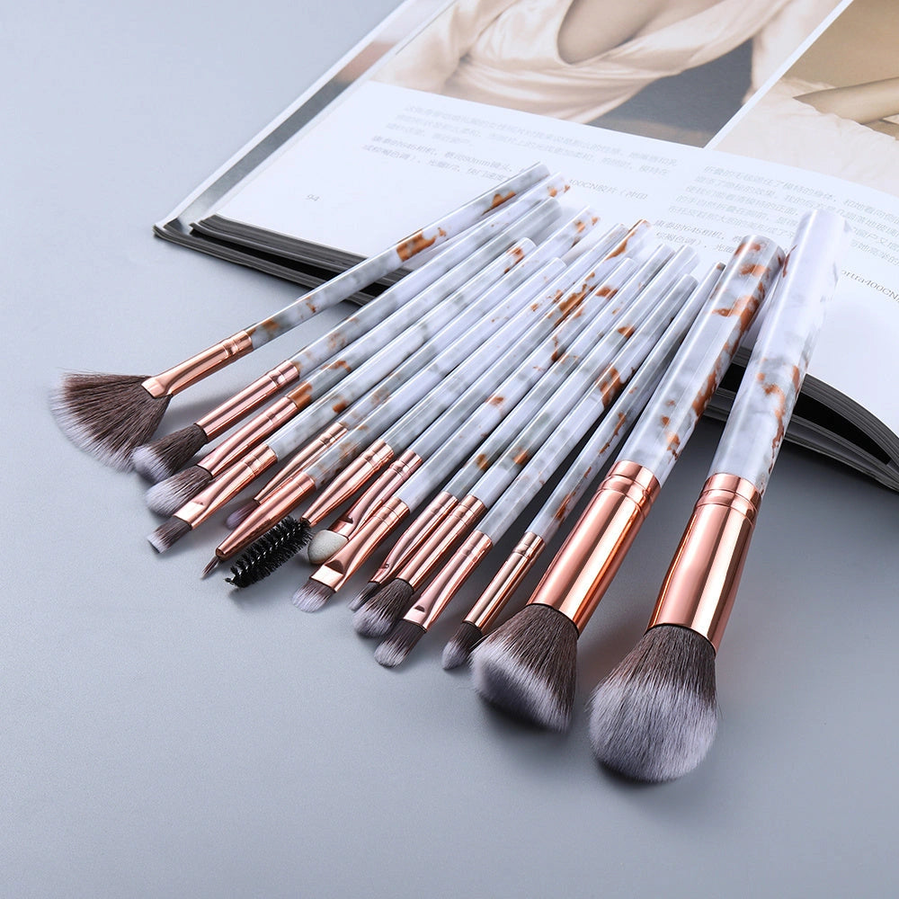 15 Marbled Design Makeup Brushes Set with Nylon Hair
