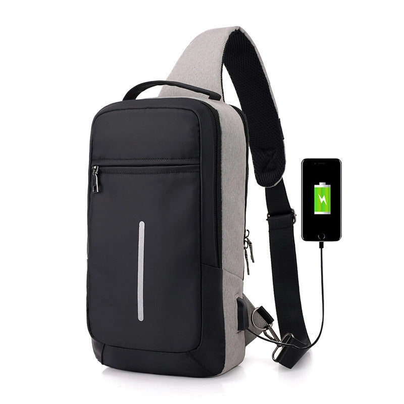 Anti-theft USB charging chest bag in polyester with zipper opening