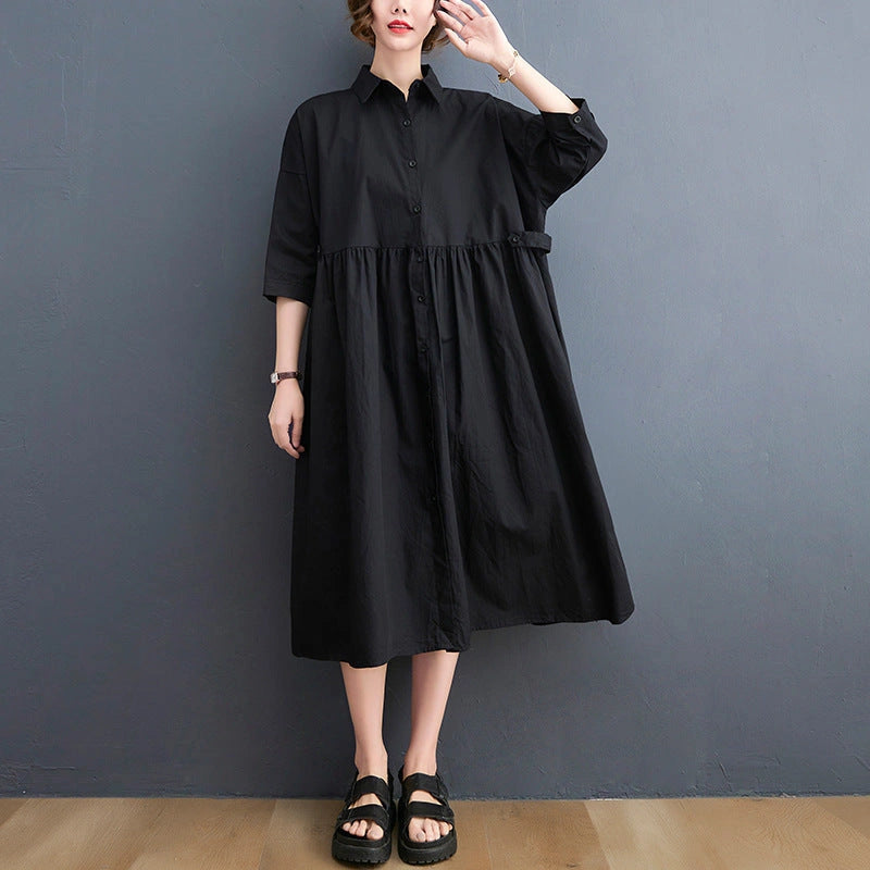 Casual Linen Short Sleeve Dress with Polo Collar