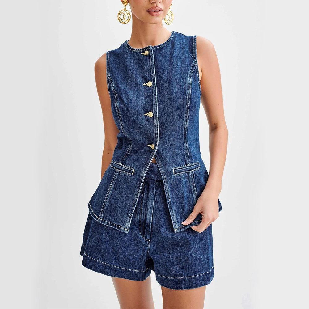Stylish Denim Vest and High Waist Shorts Set for Women