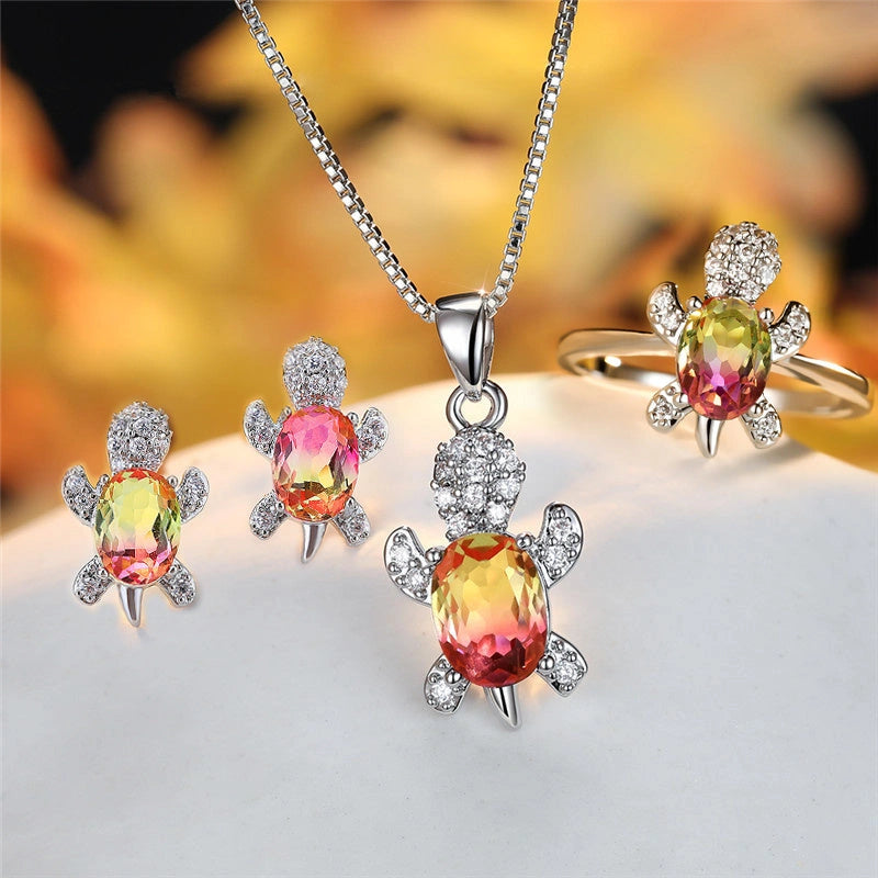 Stylish Turtle Pendant Necklace with Rainbow Stones