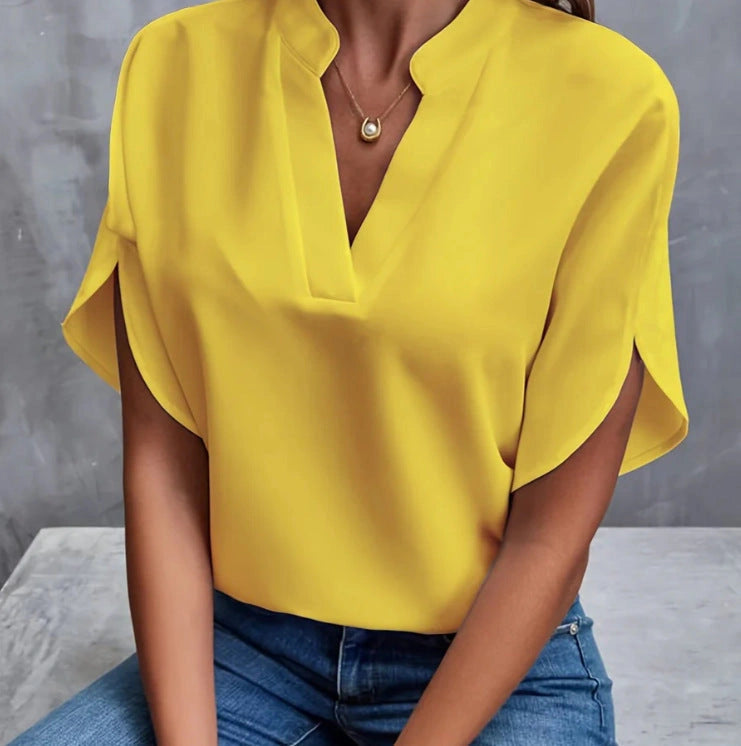 Summer Short-sleeved Chiffon Shirt for Women with V-neck Design