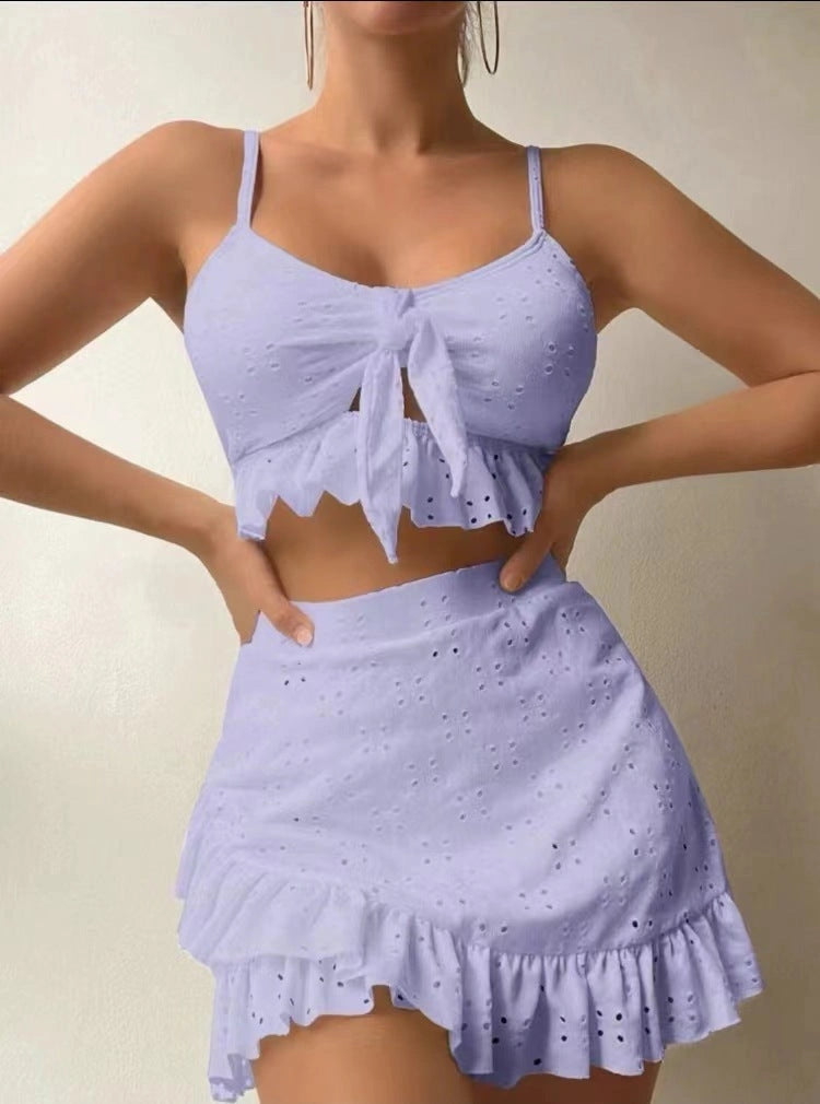 3-piece Beach Bikini Set with Hip-hugging Skirt and Ruffle Design