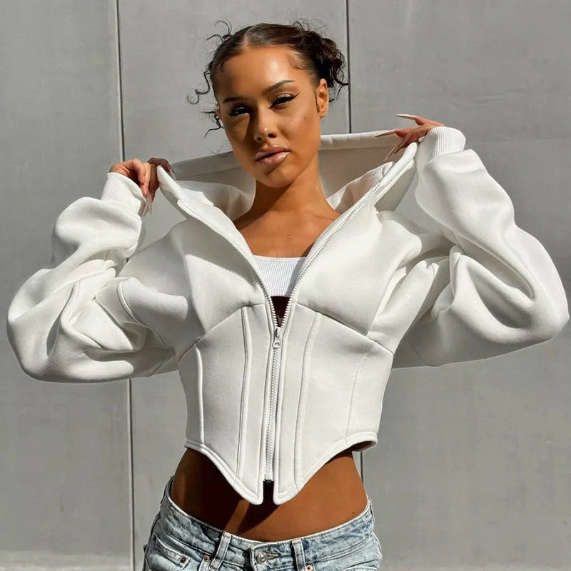 Slim-fit Zipper Hoodie Cardigan with Long Sleeves for Women