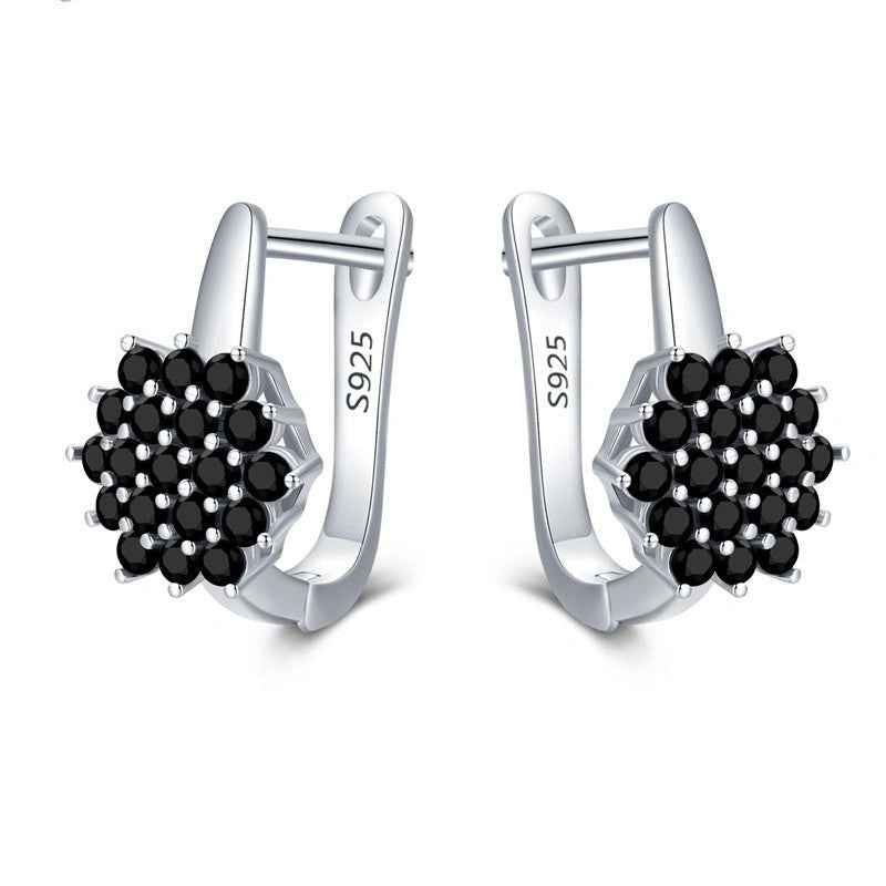 Korean-style copper vintage black zircon flower stud earrings for women