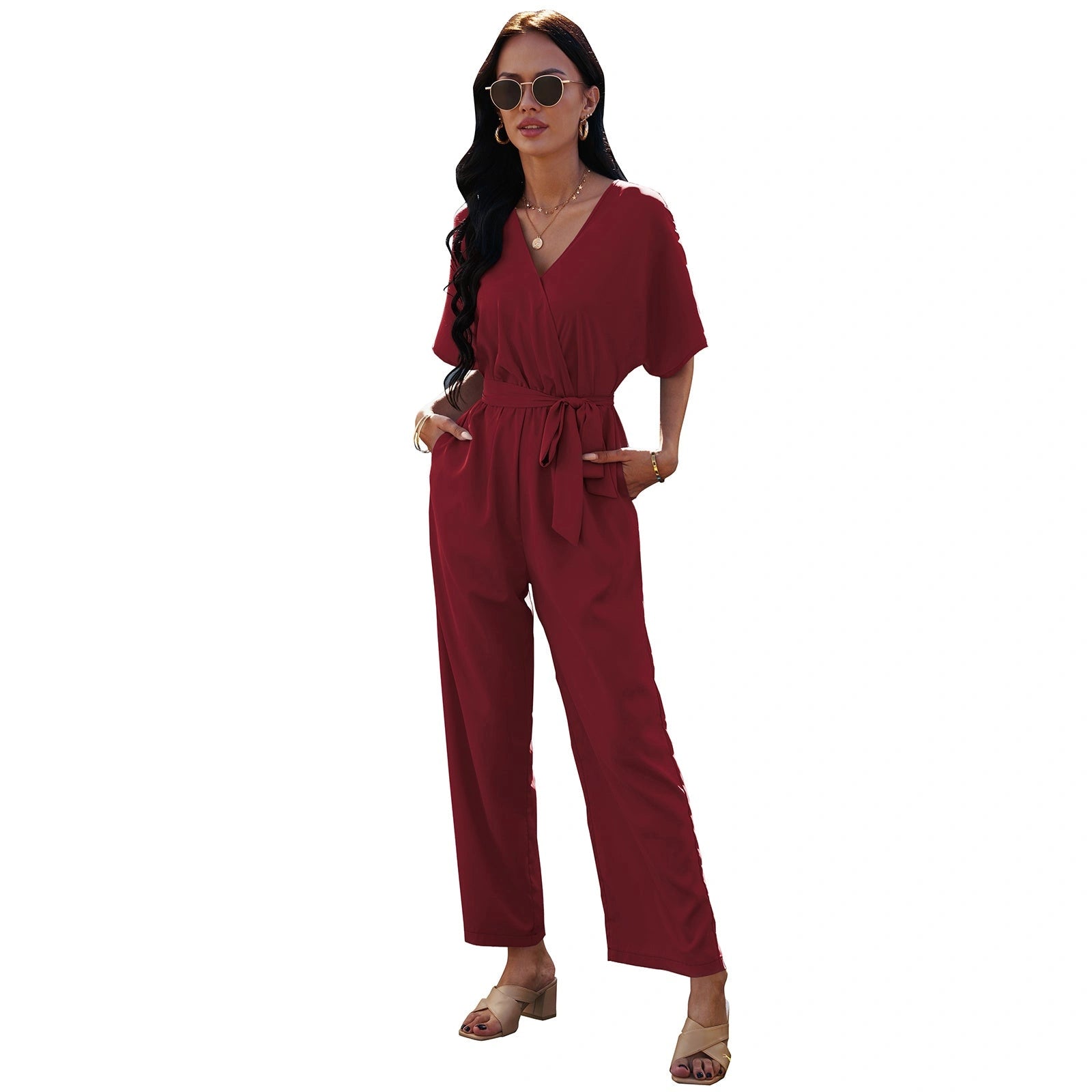 V-neck Women's Tie Waist Jumpsuit in Solid Colours