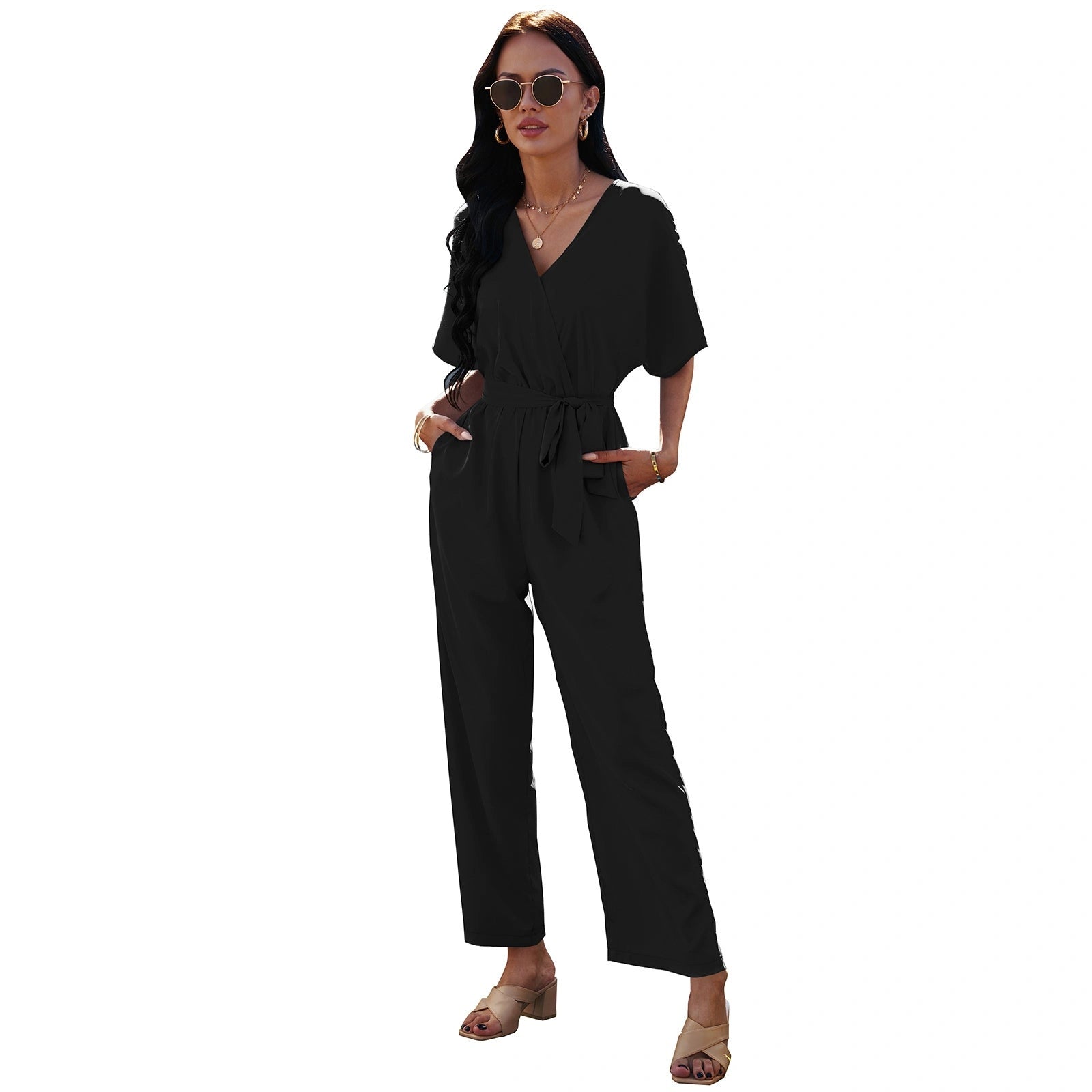 V-neck Women's Tie Waist Jumpsuit in Solid Colours
