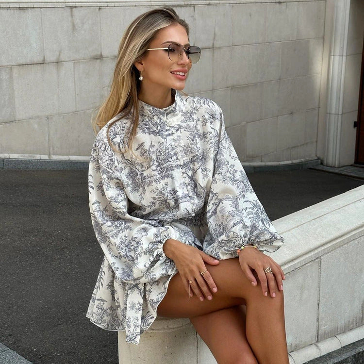 Stylish Ink Print A-Line Dress with Puffy Sleeves