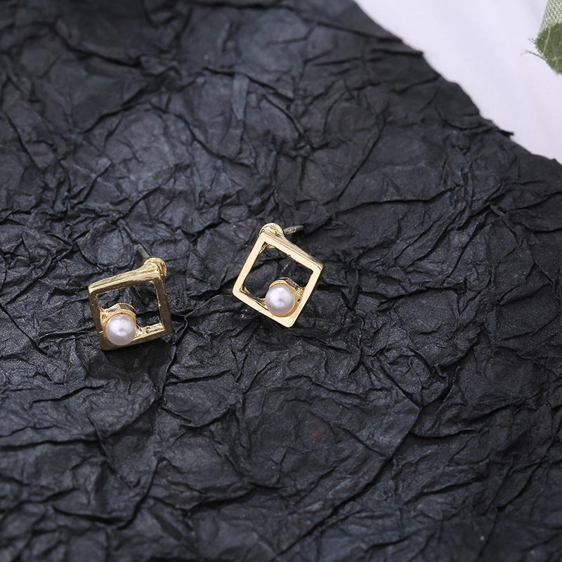 Hollow Diamond Square Stud Earrings in Alloy with Electroplating