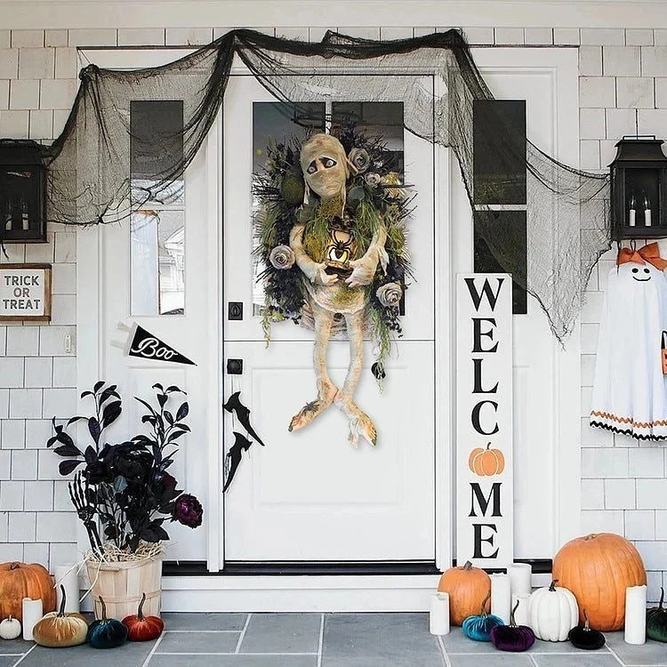 Mummy Halloween Wreath with Skeleton Hands for Spooky Door Decor
