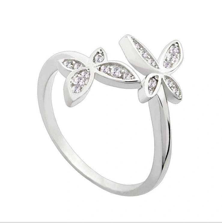 Sterling Silver Adjustable Butterfly Ring with Gem Accents
