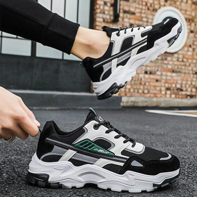 Men's Black White Lace-up Sneakers with Breathable Mesh for Lightweight Running