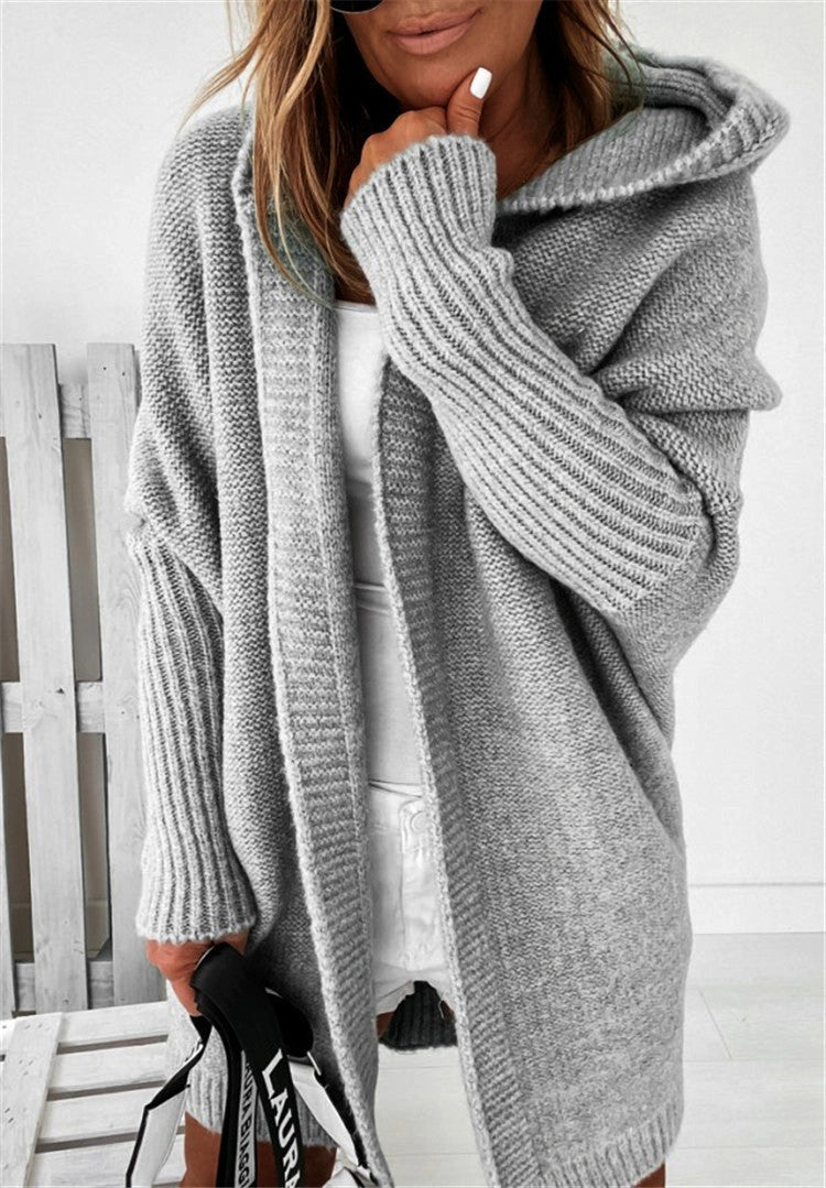 Bat sleeve hooded cardigan in sheep wool blend for women