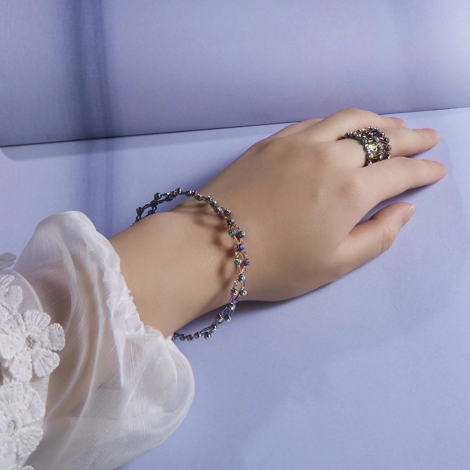 2-in-1 Folding Retractable Rings Bracelet with Rhinestone Detail