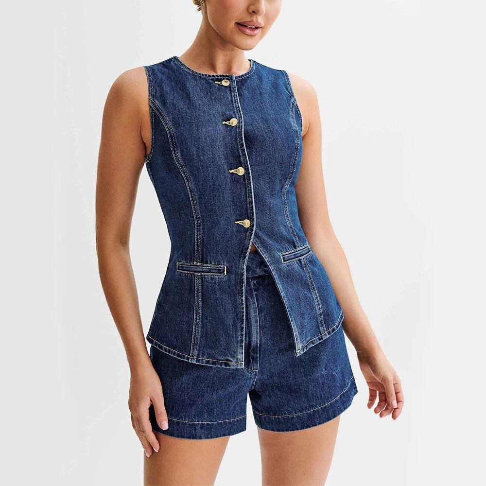 Stylish Denim Vest and High Waist Shorts Set for Women