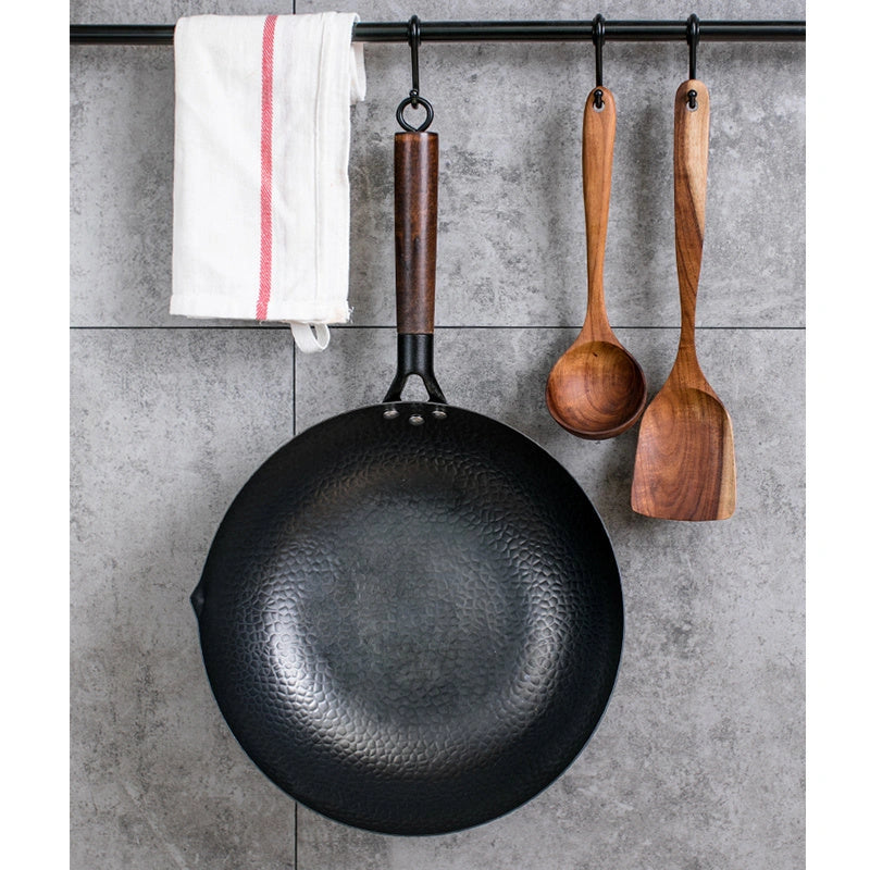 Traditional Handmade Iron Wok with Wooden Handle
