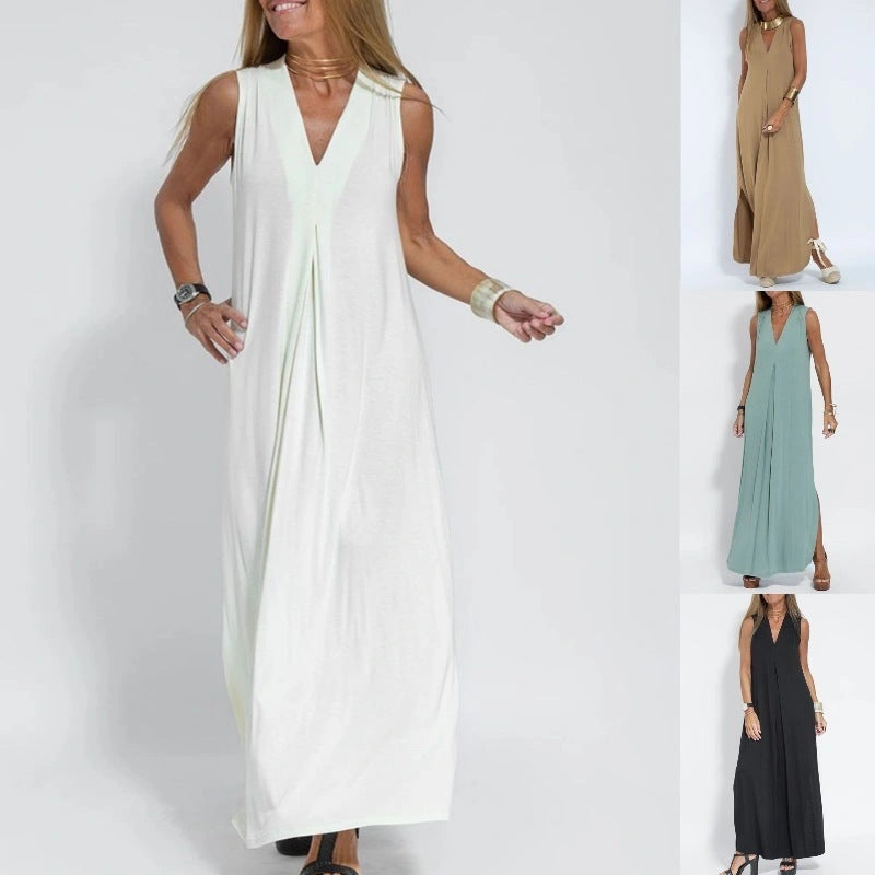 Stylish Women's V-neck Sleeveless Dress with Long Cardigan