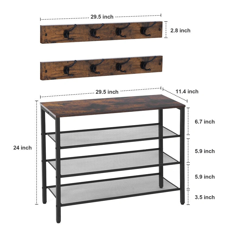 4-tier rustic wooden shoe rack with coat hook and grid design
