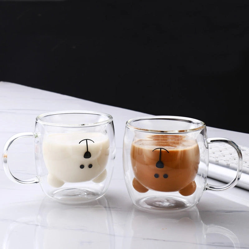 Creative Bear Double Coffee Milk Glass for Kids Summer Drinks