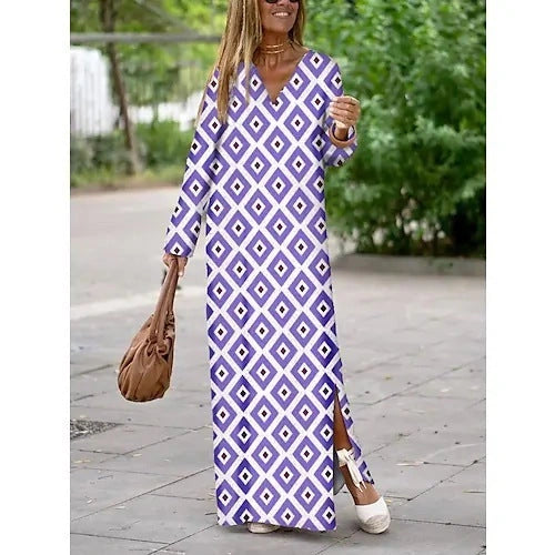 Stylish Geometric Print V-neck Long Dress for Women