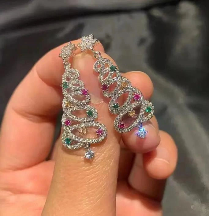 Christmas Tree Tassel Earrings with Colourful Zircon Inlays for Women
