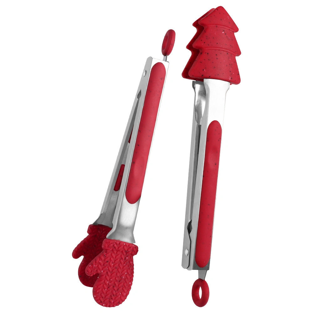 Christmas Silicone Kitchen Tongs with Locking Clip for BBQ and Bread