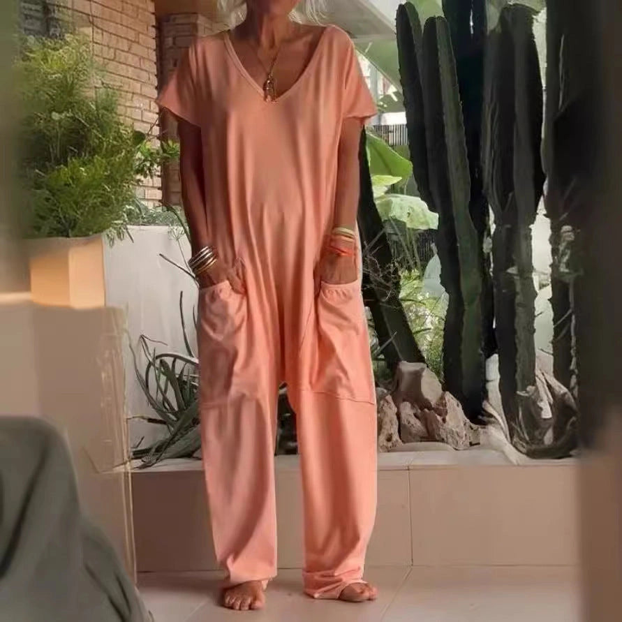 V-neck oversized pocket jumpsuit in solid colours for street fashion