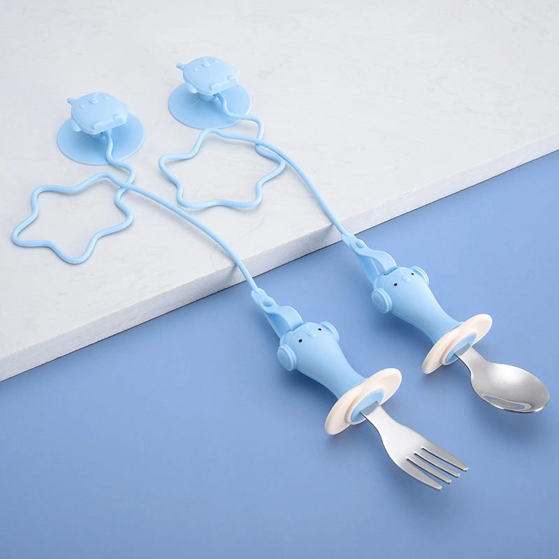Stainless Steel Infant Training Spoon and Fork Set with Silicone Anti-Drop Chain