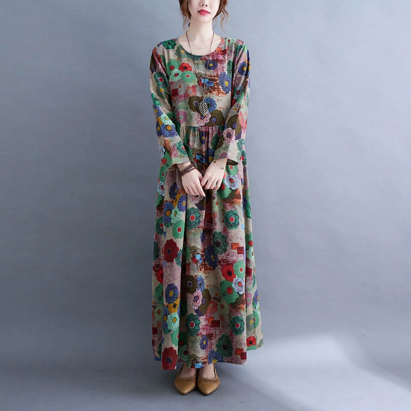 Literary Plus Size Printed Long Sleeve Cotton Blend Dress